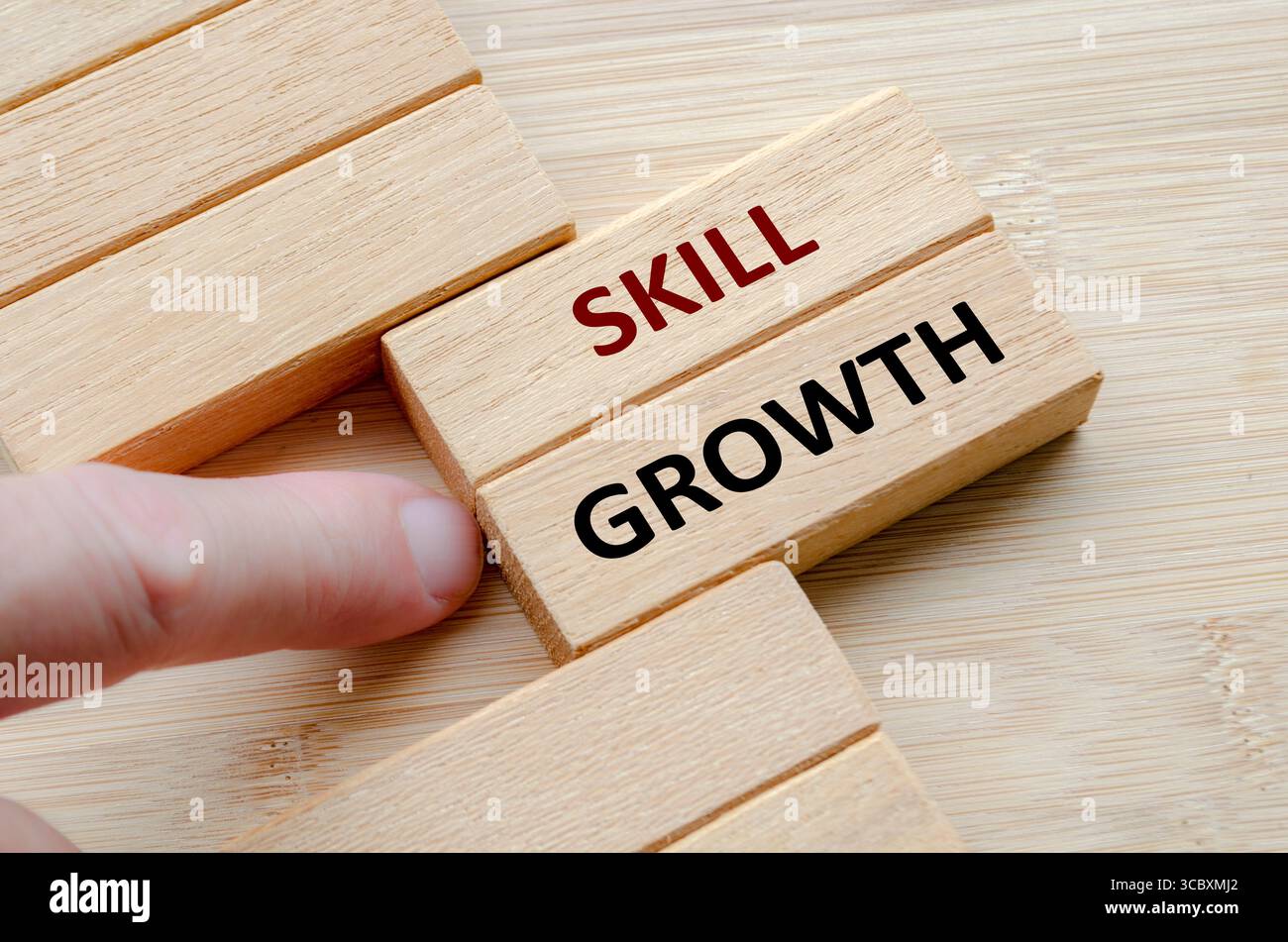 Text ZUM KOMPETENZAUFBAU auf Holzblöcken, strukturierte Pläne, die langfristige Qualifikationsentwicklung und Anpassungsfähigkeit in einem sich wandelnden Umfeld fördern. Stockfoto
