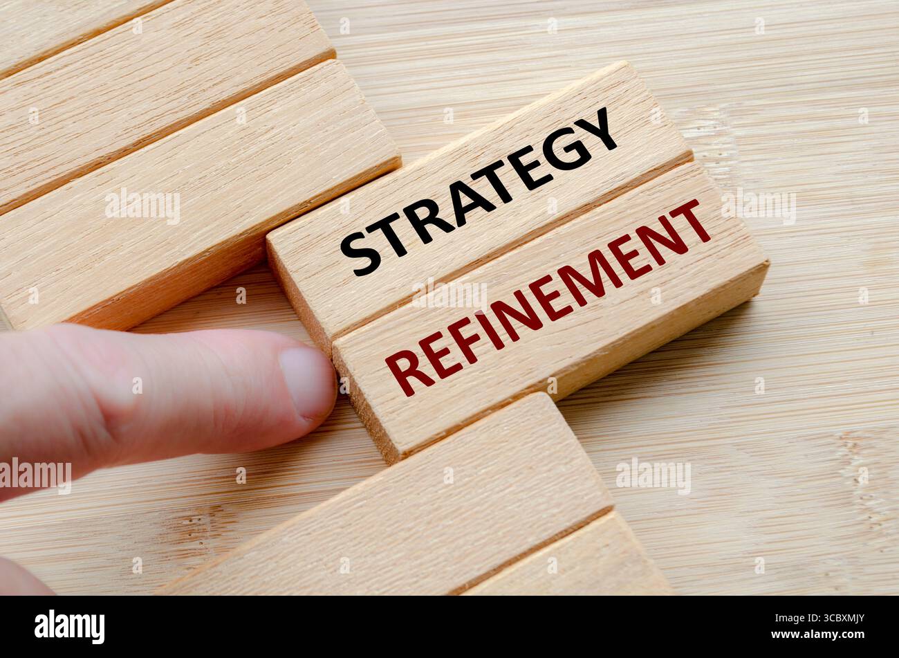 Text ZUR STRATEGIEVERFEINERUNG auf Holzblöcken, strategische Anpassungen zur Verfeinerung der Kerngeschäftsrichtung und zur Verbesserung der Marktpositionierung im Wettbewerb. Stockfoto