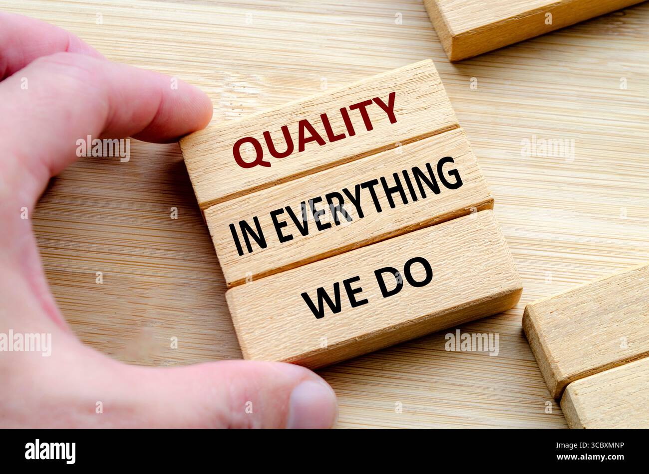 QUALITÄT BEI ALLEM, WAS WIR TUN, Text auf Cubes, die von Händen gehalten werden, Verpflichtung zur Qualität bei allem, was wir tun, um Vertrauen, Wert und Zufriedenheit zu erhalten. Stockfoto
