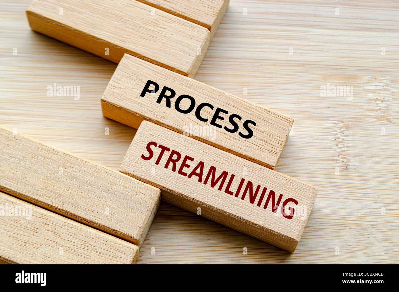 PROZESSOPTIMIERUNG Text auf Holzblöcken, innovative Ansätze für effektive und effiziente Optimierung von Geschäftsprozessen über alle Betriebsabläufe hinweg. Stockfoto