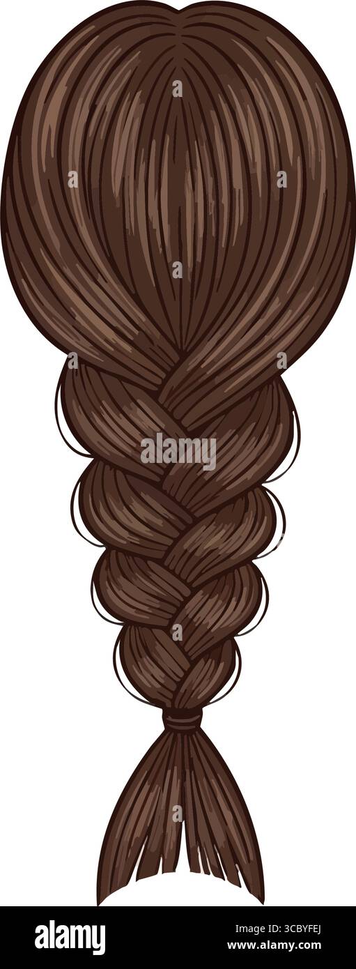 Braunes Geflochtenes Haardesign. Dieser hübsche geflochtene Coiffure in einem satten brünetten Farbton bietet ein zeitloses und elegantes Aussehen, das Einfachheit und Einfachheit symbolisiert Stock Vektor