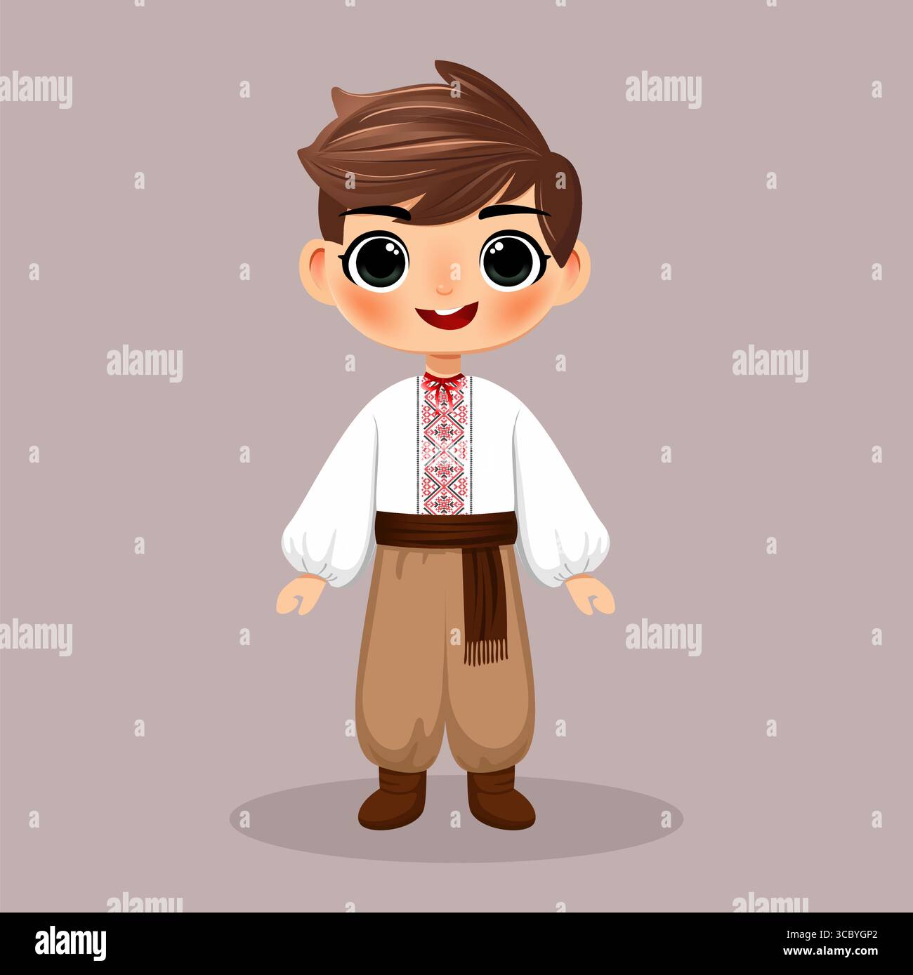 Süßer ukrainischer Junge in traditioneller Tracht mit besticktem Hemd Stock Vektor