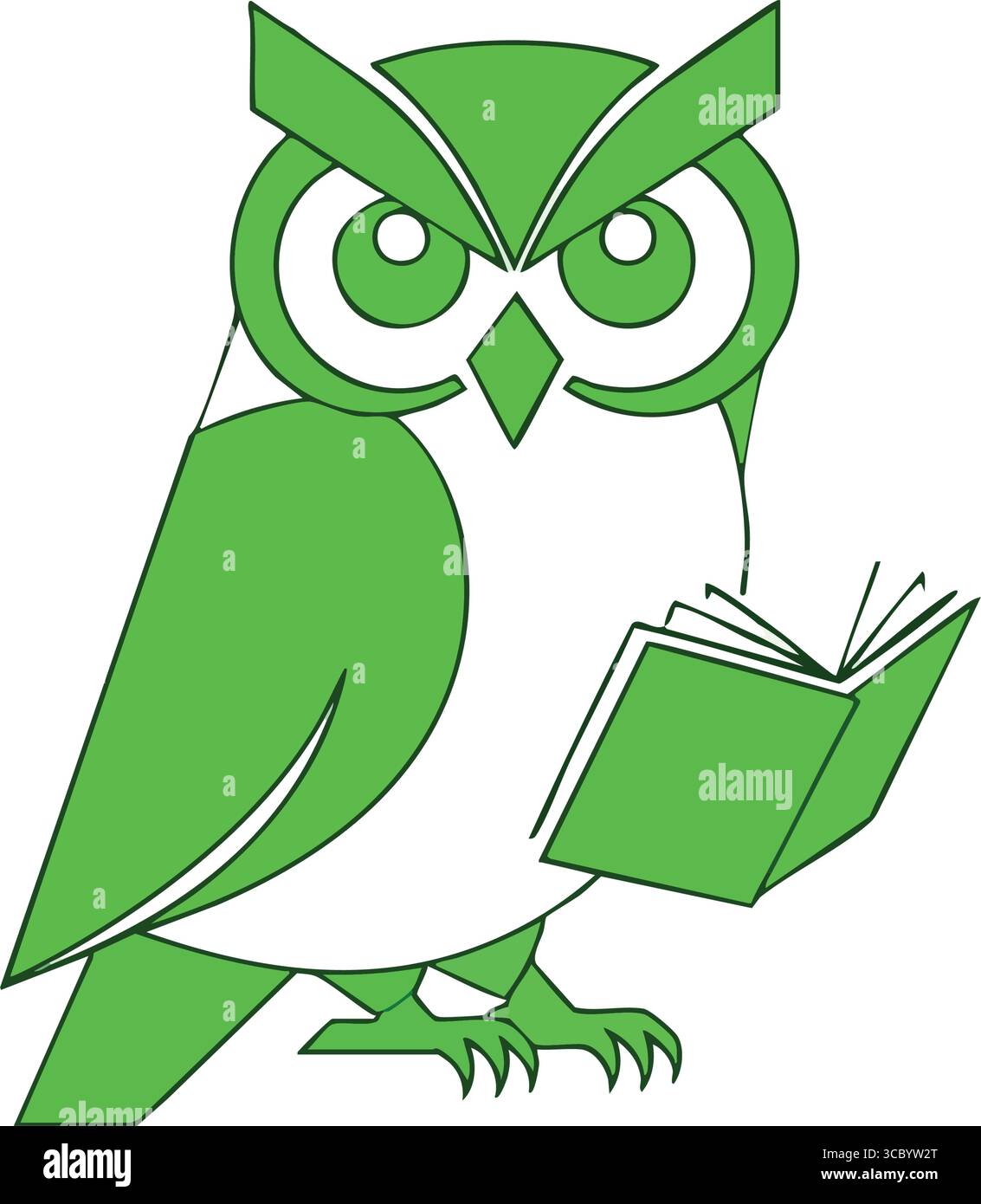 Grüne Eule liest ein Buch. Ein cleverer gefiederter Freund, der in eine Publikation eingetaucht ist. Dieses lebendige digitale Kunstwerk verkörpert Weisheit, Gelehrsamkeit und das Streben Stock Vektor