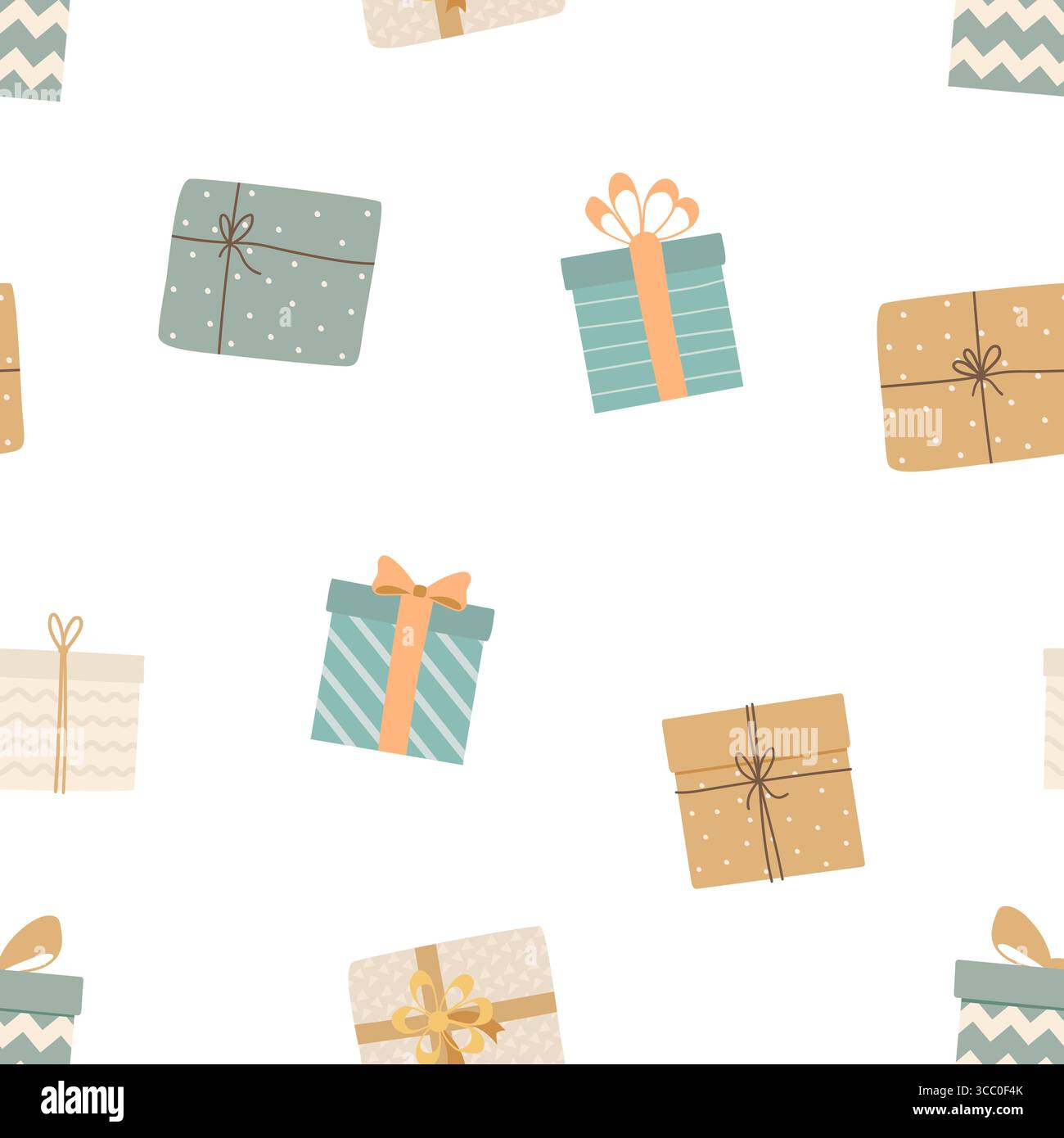 Nahtloses Weihnachtsmuster mit verschiedenen Geschenkboxen. Neujahr, Feiertage, Geburtstagsgeschenke auf weißem Hintergrund. Geschenkpapier, Textil, Grußauto Stock Vektor