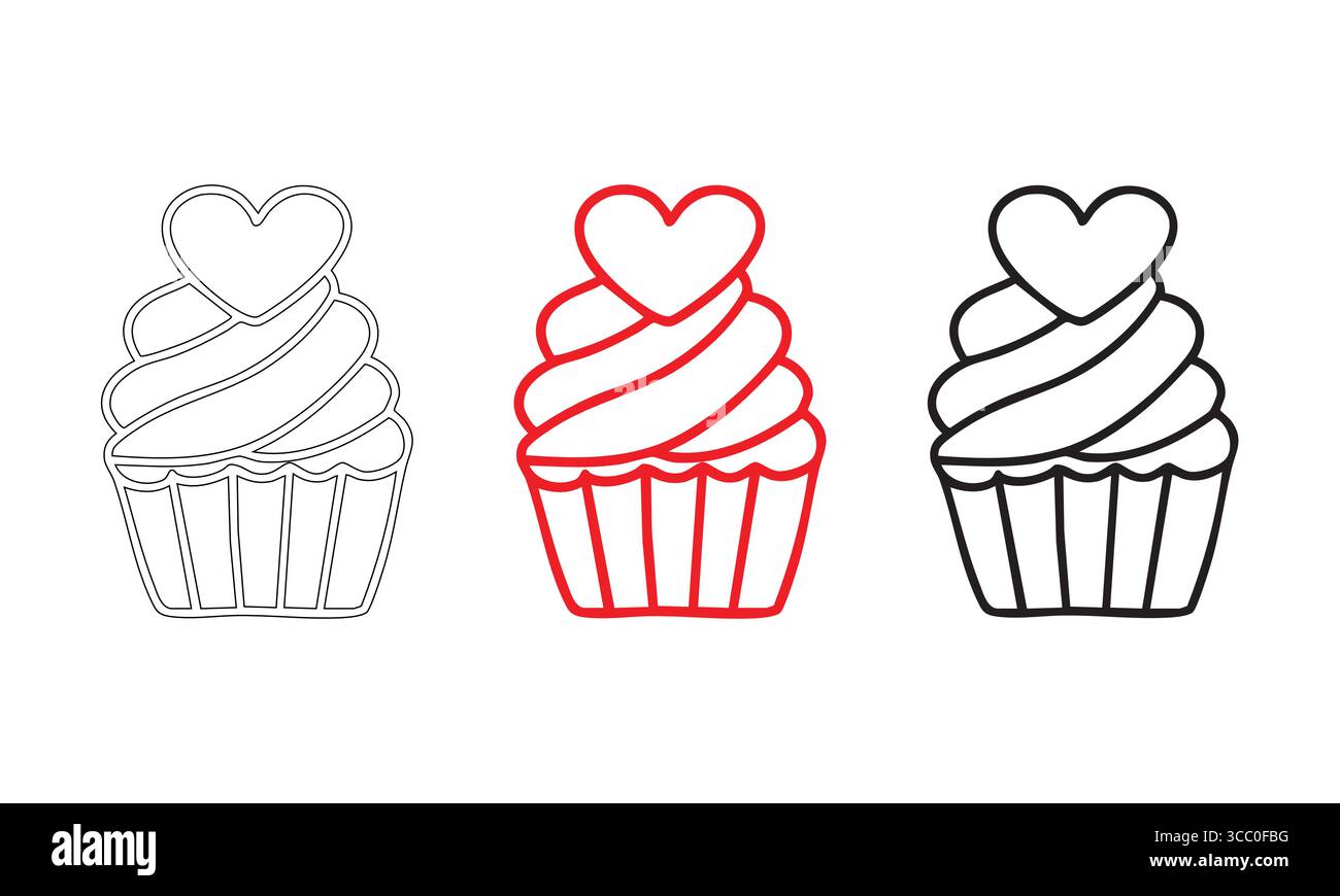 Cupcake-Symbole mit Herzspitze in drei Stilen. Stock Vektor