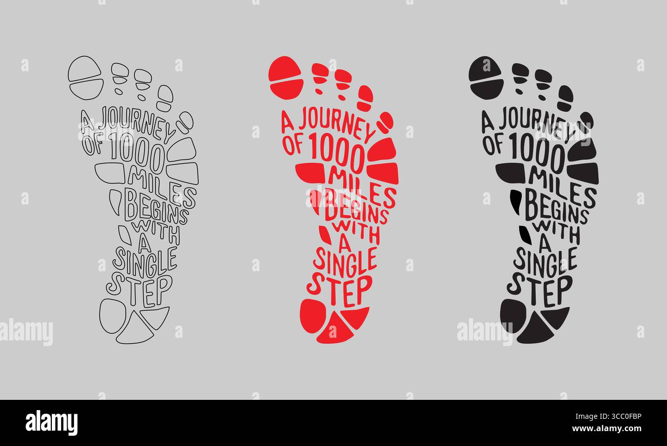 Text in den Fußabdrücken: „Eine Reise von 1000 Meilen beginnt mit einem einzelnen Schritt“ in mehreren Styles Stock Vektor