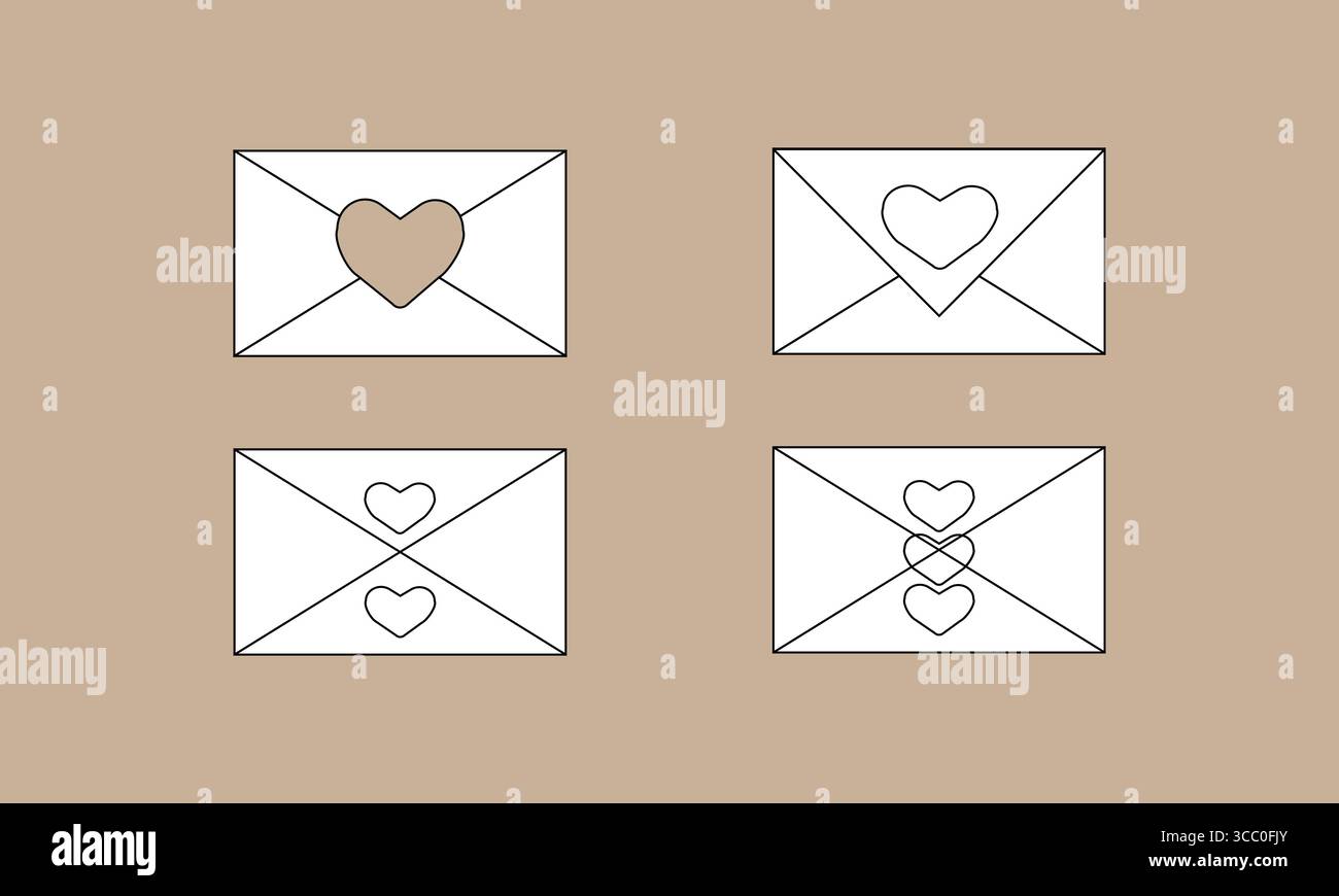 Kollektion von Illustrationen aus Liebesbriefen und Herzumschlägen im minimalistischen Stil Stock Vektor