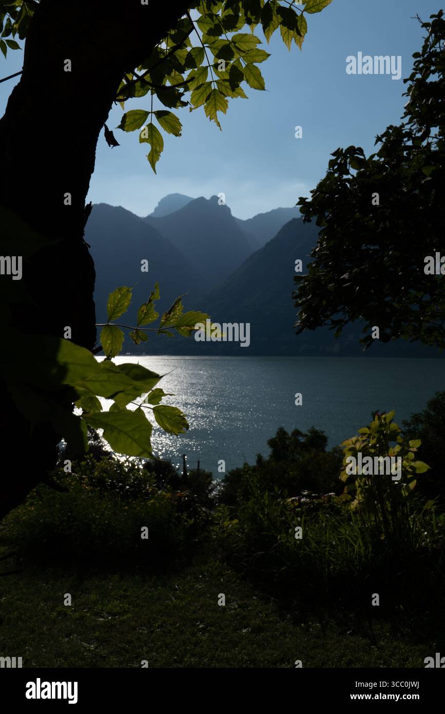 Silhouettenzweige umrahmen den Idro-See bei Sonnenuntergang in Brescia, Italien, mit ruhigen, alpinen Gewässern, die Berge im Sommerlicht reflektieren. Stockfoto