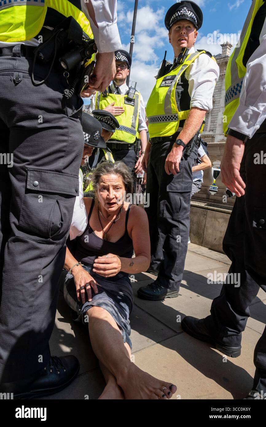 Die Polizei verhaftet eine Demonstrantin, weil sie ein Plakat mit der Aufschrift "Ich bin gegen Völkermord, ich unterstütze die Palästinensische Aktion" trug, eine verbotene Gruppe. London. Stockfoto