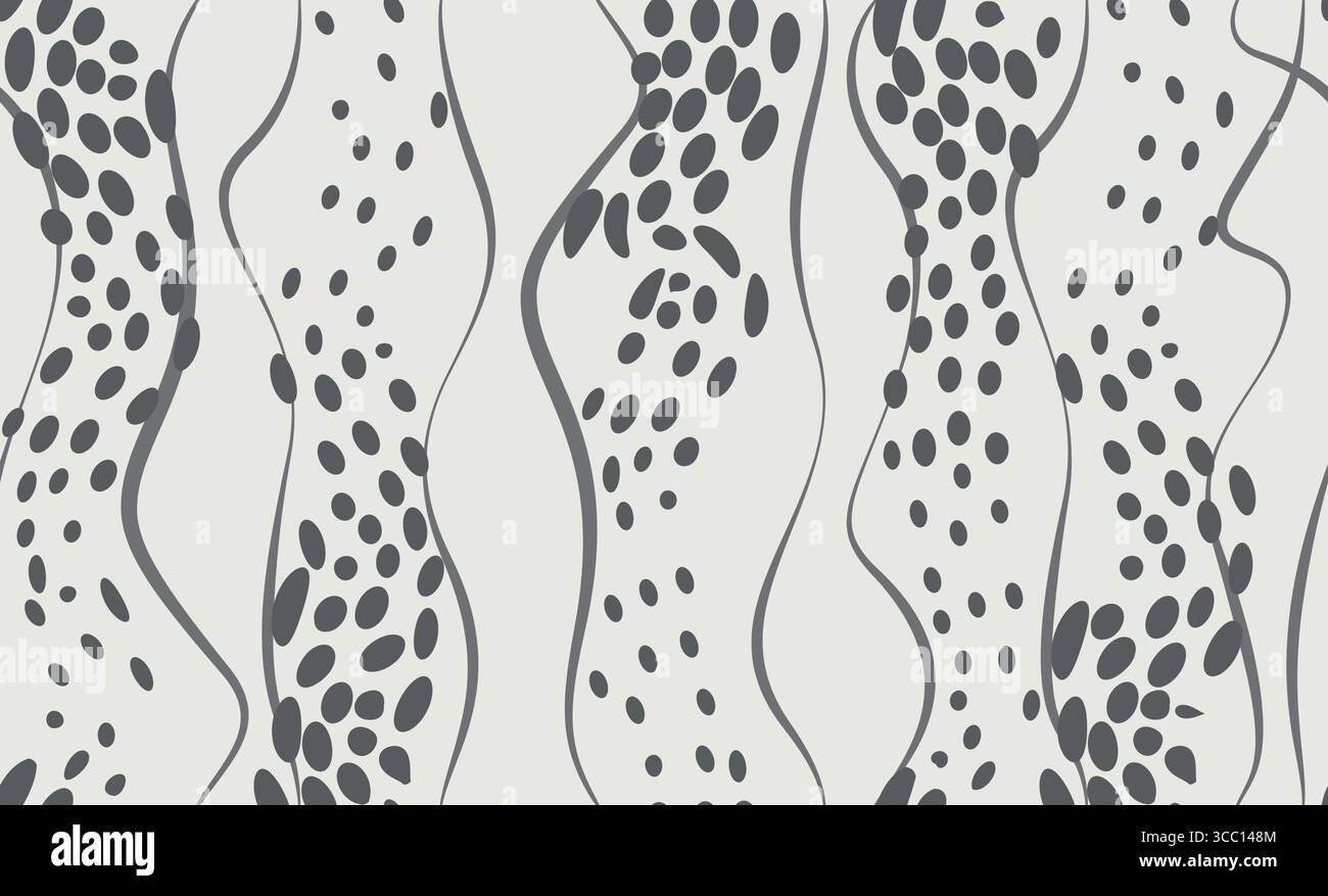 Nahtloses Muster mit wellenförmigen Linien und Punkten. Sich wiederholende dekorative Vektortextur mit fließender Punktbewegung. Wellenwelligkeit Hintergrund. Einfache lineare Gr Stock Vektor