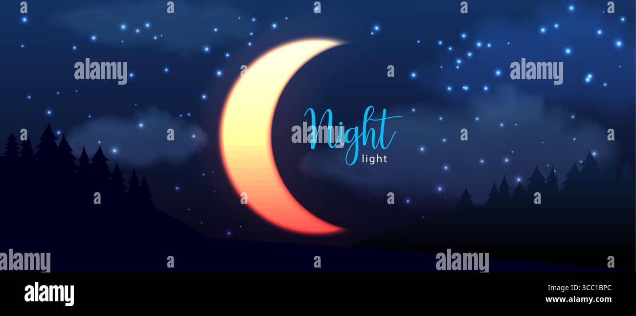 Mondlicht-Nachthimmel horizontaler Hintergrund mit Wolken-Halbmondsternen. Natur Wald Vektorlandschaft. Abstraktes Kopfzeilenbanner mit Lichteffekt in Starlight Stock Vektor Mondlicht-Nachthimmel horizontaler Hintergrund mit Wolken-Halbmondsternen. Natur Wald Vektorlandschaft. Abstraktes Kopfzeilenbanner mit Lichteffekt in Starlight Stock Vektor