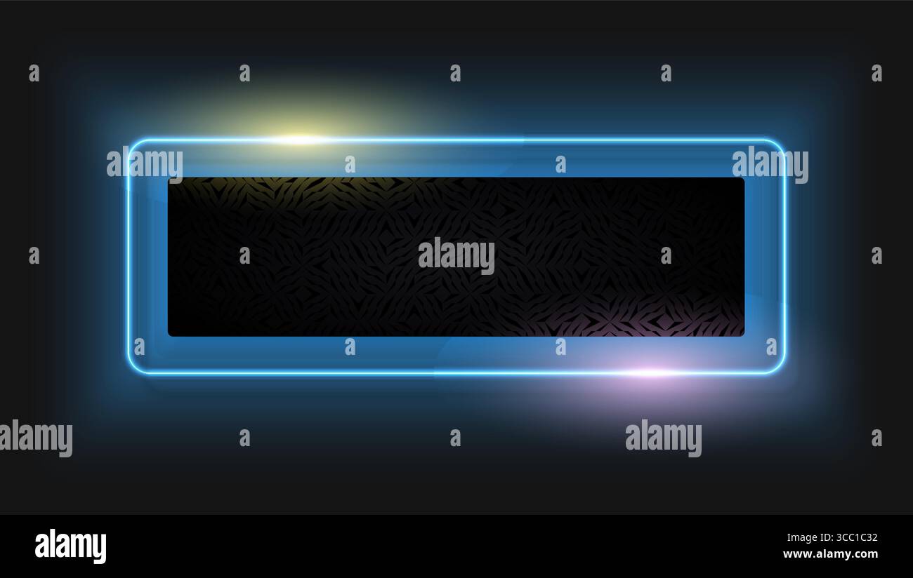 Hochwertiges schwarzes Etikett mit abstraktem geometrischem Muster und blauem Rahmen in Neonfarben auf schwarzem Hintergrund. Rechteckige Logo-Vorlage in luxuriösem Glanz. Vektorüberschrift Stock Vektor Hochwertiges schwarzes Etikett mit abstraktem geometrischem Muster und blauem Rahmen in Neonfarben auf schwarzem Hintergrund. Rechteckige Logo-Vorlage in luxuriösem Glanz. Vektorüberschrift Stock Vektor
