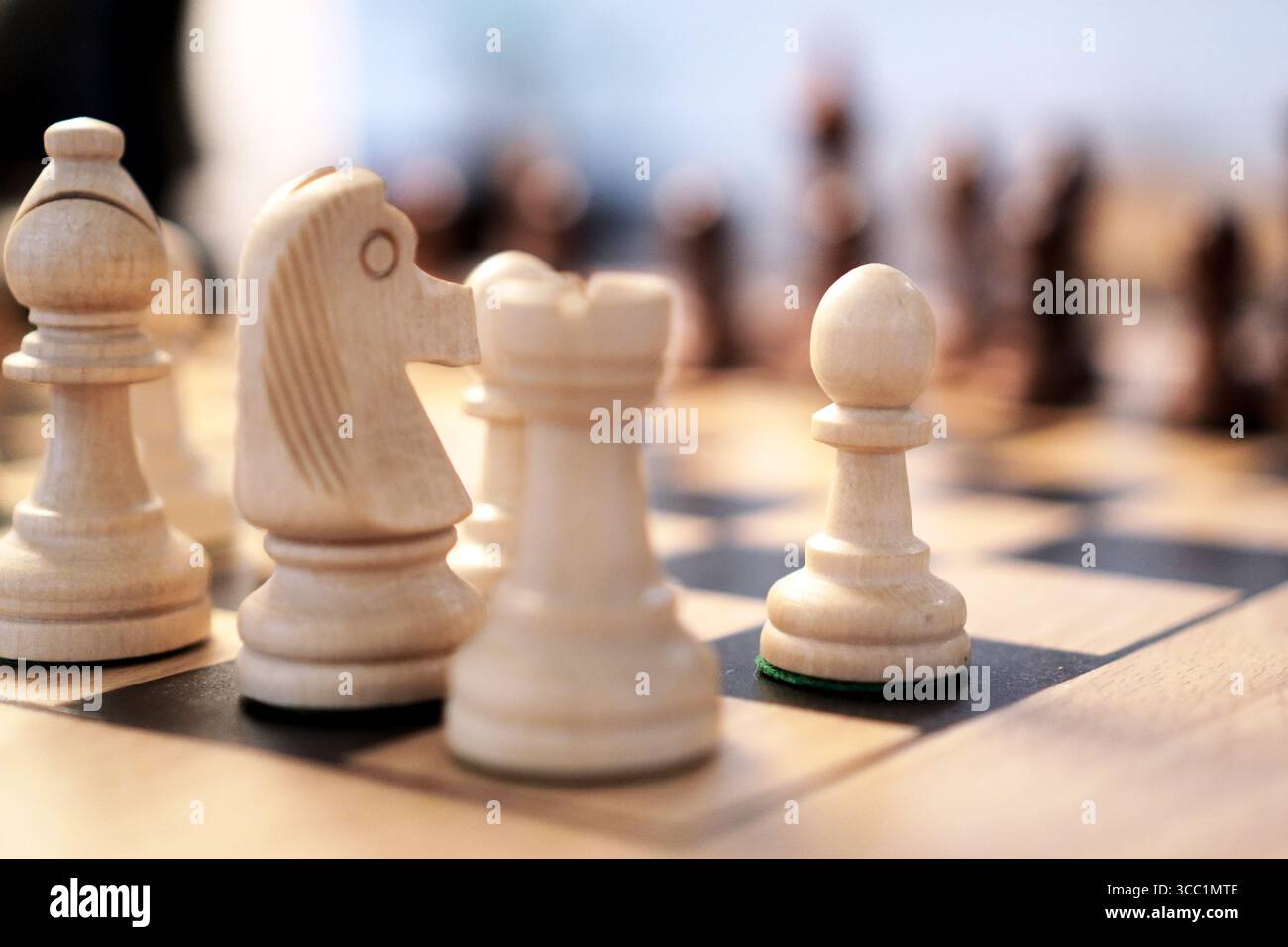 Schachfiguren auf einem Schachbrett, bereit für ein Spiel. Strategisches Brettspiel. Stockfoto
