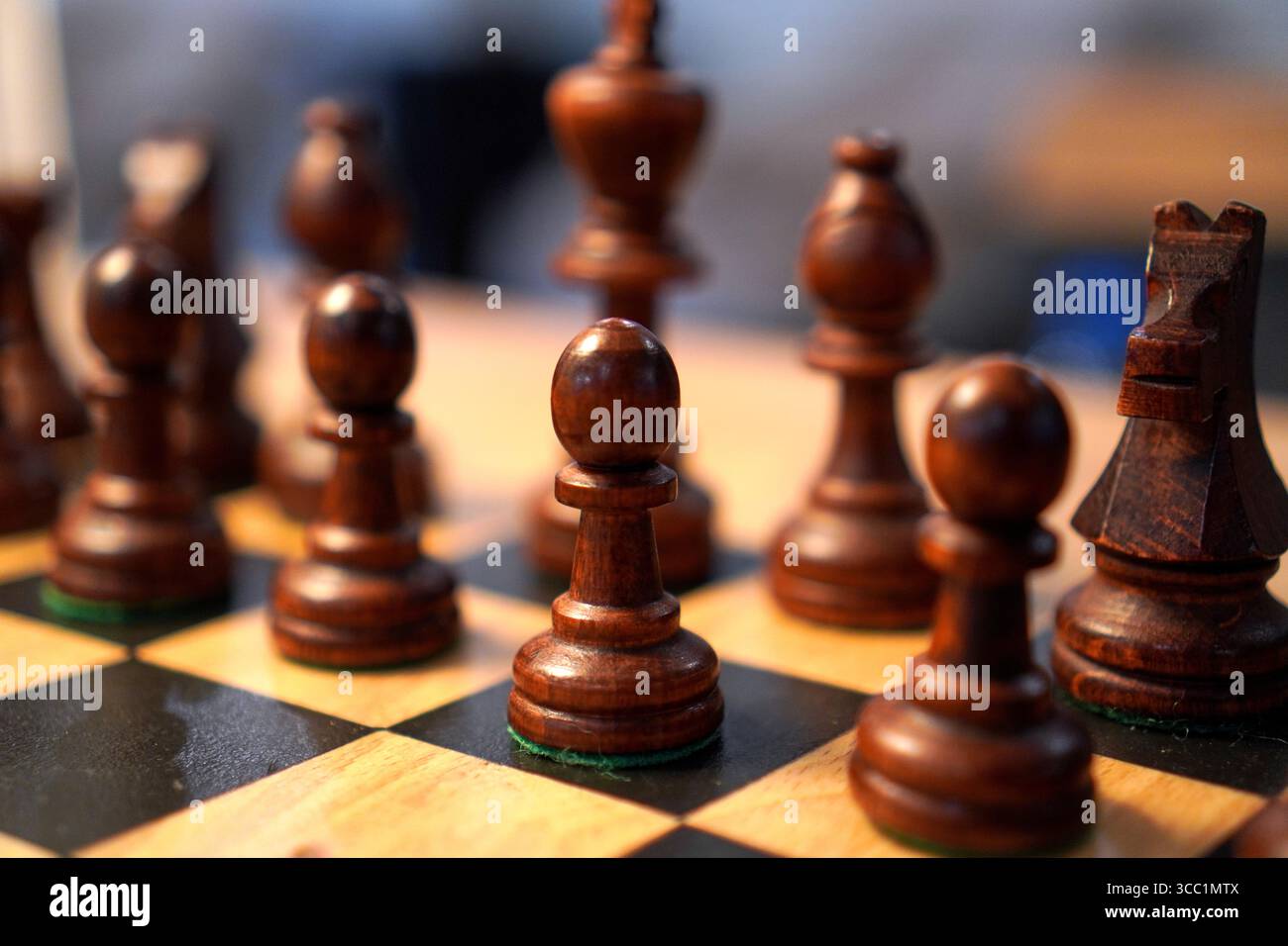 Dunkle Schachfiguren auf einem Schachbrett, bereit für ein Spiel. Strategisches Brettspiel. Stockfoto