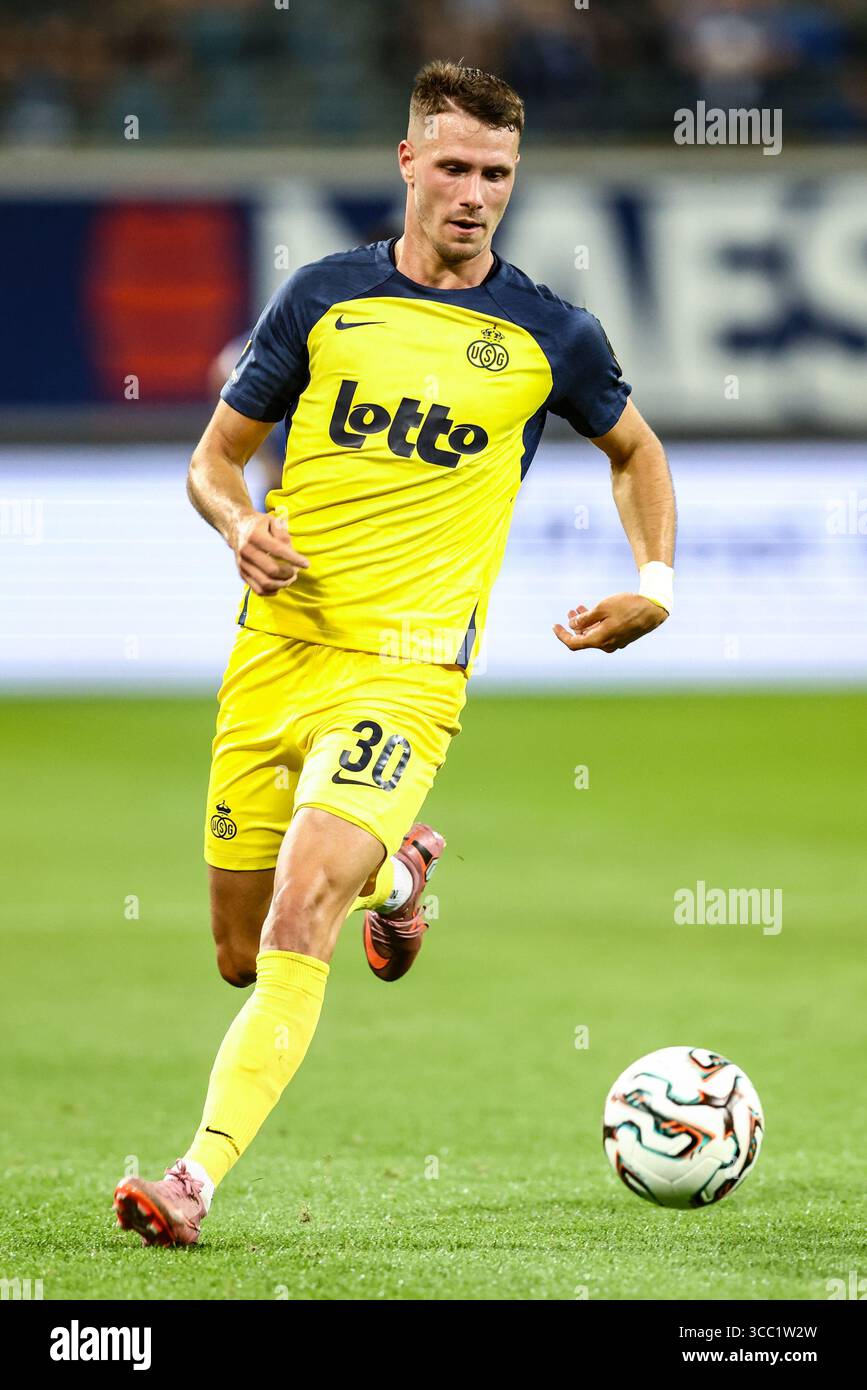 Gent, Belgien. August 2025. Raul Florucz, der bei einem Fußballspiel zwischen KAA Gent und Royale Union Saint-Gilloise am Samstag, den 9. August 2025 in Gent, am 3. Tag der ersten Liga der „Jupiler Pro League“ 2025-2026 in der belgischen Meisterschaft, im Einsatz war. BELGA FOTO BRUNO FAHY Credit: Belga News Agency/Alamy Live News Stockfoto