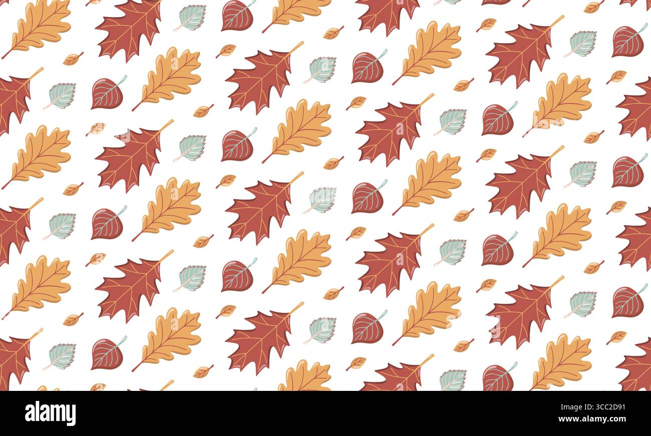 Nahtloses Herbstblattmuster mit roten und orangen Eichen- und Birkenblättern auf weißem Hintergrund. Herbst Vektor Laub Hintergrund. Stock Vektor