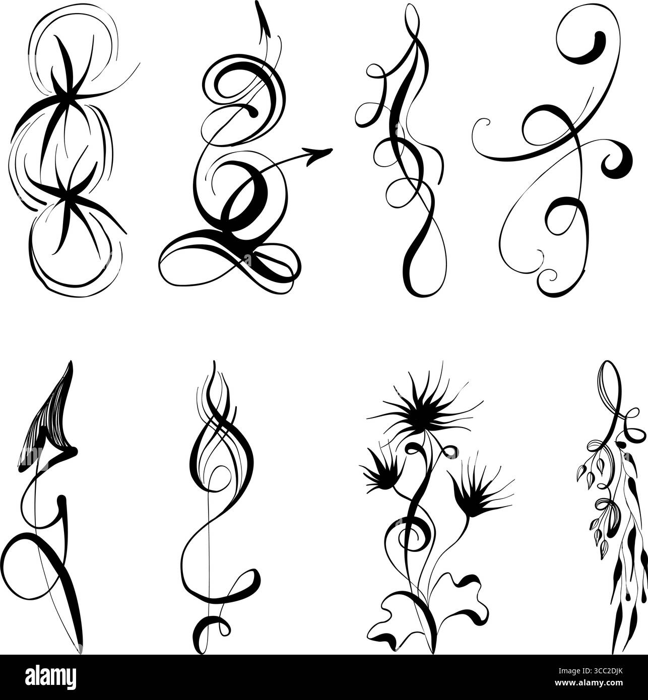 Dynamic Floral Tattoo Set: Abstrakte Bewegungsformen, Ausdrucksstarke Kalligraphie, Elegante Figuren, Minimalistische Pinselstriche, Spiralförmige Gruppen, Verlängerte Abb. Stock Vektor