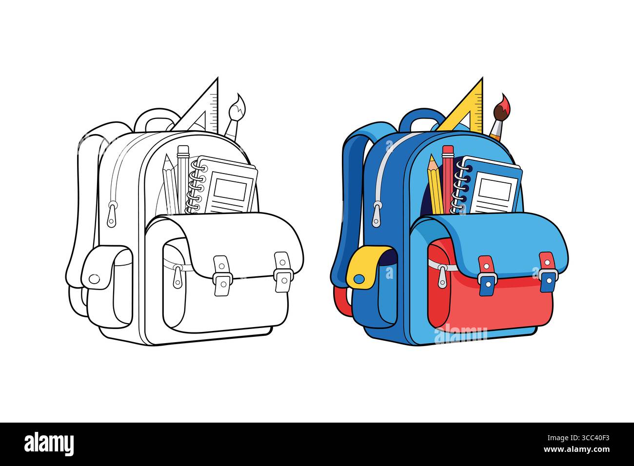 Kinder Schultasche Färbung Seite Vektor Illustration Stock Vektor