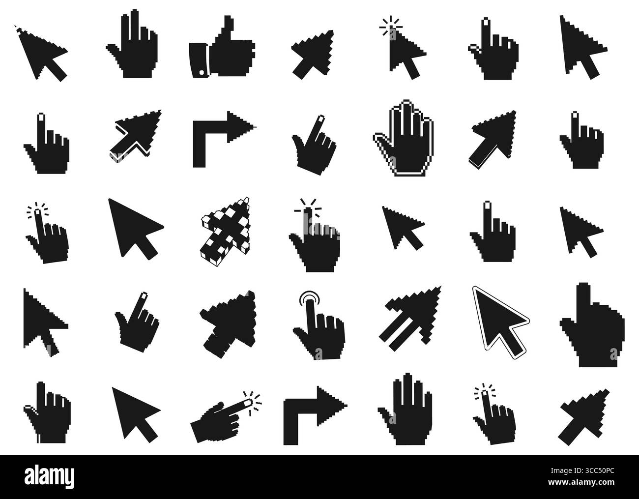 Gepixelter Mauszeiger, Pfeil-Handsymbole im schwarzen Solid-Style Stock Vektor