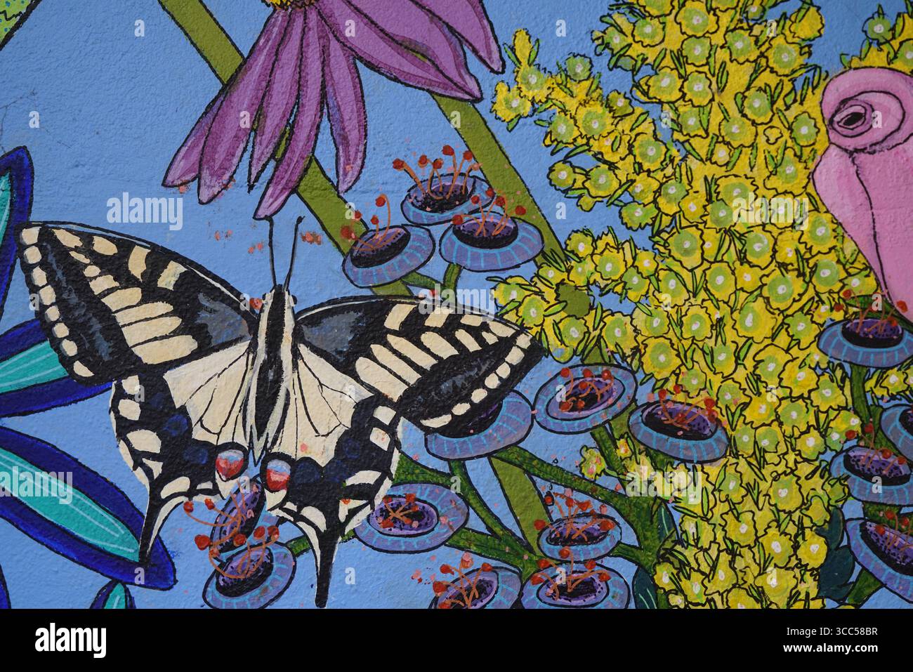 Buntes Kunstwerk von Schmetterlingen mit Blumen in einem von der Natur inspirierten Thema. Kunst von Samantha Redmill Art. Salisbury, England Stockfoto