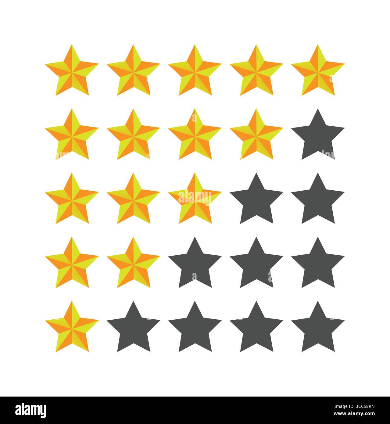 Goldene fünf-Sterne-Bewertungssymbole 5 bis 1 glänzende Sterne Symbol für beste Qualität, Produktbewertung, Kundenfeedback, Qualitätsabzeichen Stock Vektor