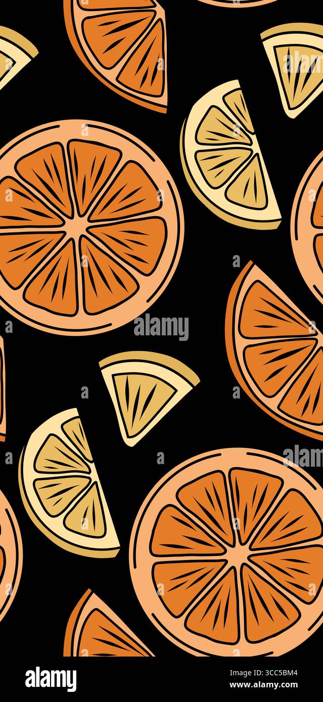 Nahtloses Vektor-Muster mit handgezeichneten Orangen- und Zitronenscheiben. Zitrusfrucht-Textur auf schwarzem Hintergrund. Vor der Kulisse für Stoffe und Tapeten Stock Vektor