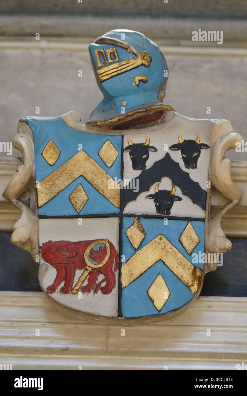Farbenfrohe Wappen mit Helm und leuchtenden symbolischen Details. Salisbury, England Stockfoto