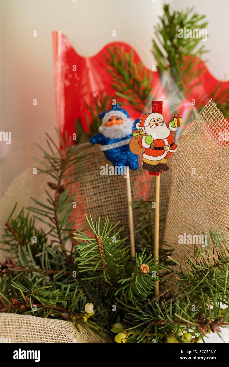 Festliche weihnachtsdekoration mit weihnachtsmannsfiguren, eingebettet zwischen Kiefernzweigen, die den weihnachtsgeist wecken Stockfoto