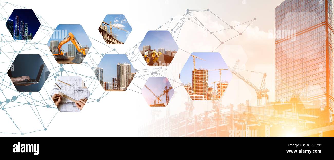 Konstruktionshintergrund. Verschiedene Aspekte des modernen Bauens und der Stadtentwicklung. Das Bild umfasst Kräne, Bagger, Baupläne, Hochhäuser und digitale Planungen in einem technisch inspirierten Layout mit sechseckigen Bilderrahmen. Dieses Konzept spiegelt intelligente Gebäudetechnologien, digitales Projektmanagement, Architektur, Bauingenieurwesen und städtische Transformation wider. Ideal zur Darstellung von Themen wie Infrastrukturwachstum, intelligente Städte und innovative Entwicklungsstrategien. Stockfoto