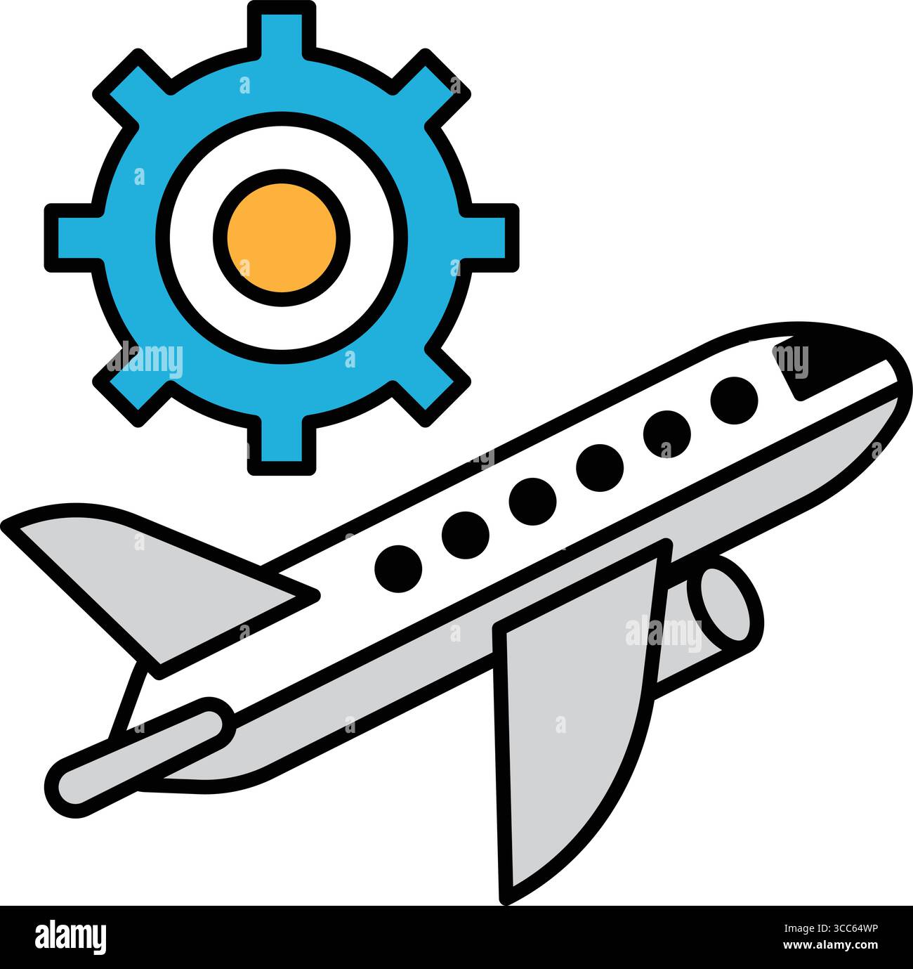 Eine schwarz-weiße Zeichnung eines Flugzeugs mit einem Zahnrad an der Seite. Das Flugzeug ist der Hauptfokus des Bildes, und die Ausrüstung wird daneben platziert. Konz Stock Vektor