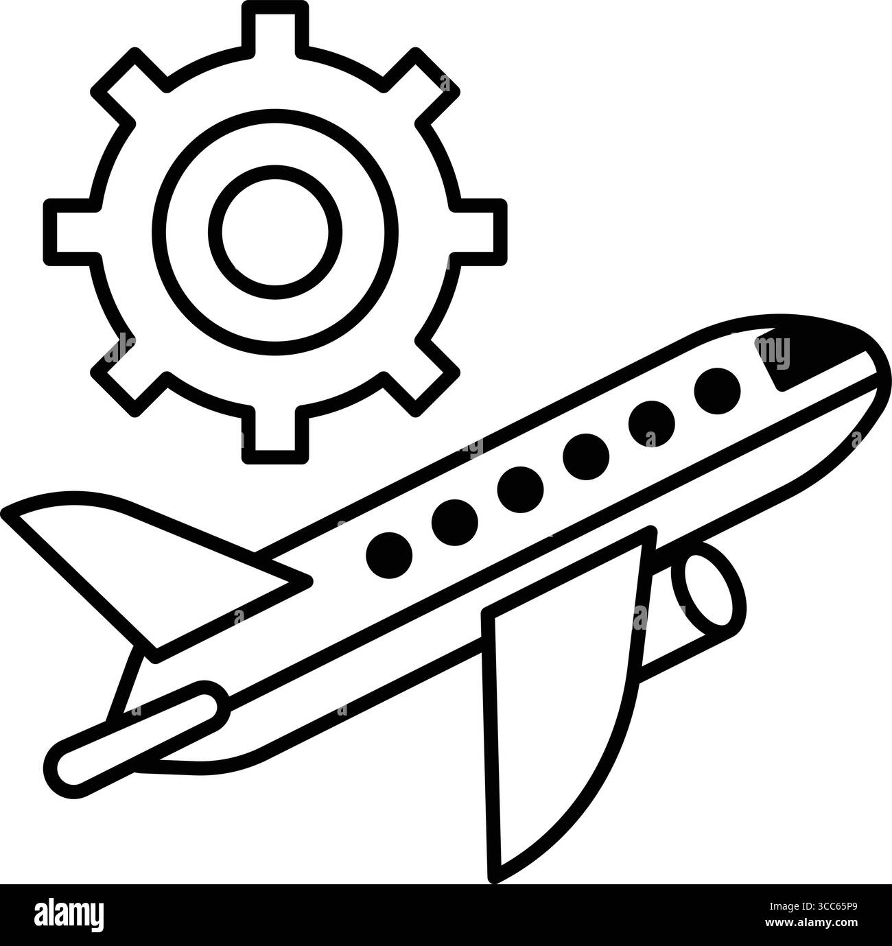 Eine schwarz-weiße Zeichnung eines Flugzeugs mit einem Zahnrad an der Seite. Das Flugzeug ist der Hauptfokus des Bildes, und die Ausrüstung wird daneben platziert. Konz Stock Vektor