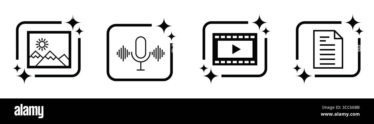 AI Generate Button Symbolset zum Erstellen von Bildern, Videos, Audio und Text mit Symbolen für künstliche Intelligenz für App, UI, Website, transparenten Vektor Stock Vektor