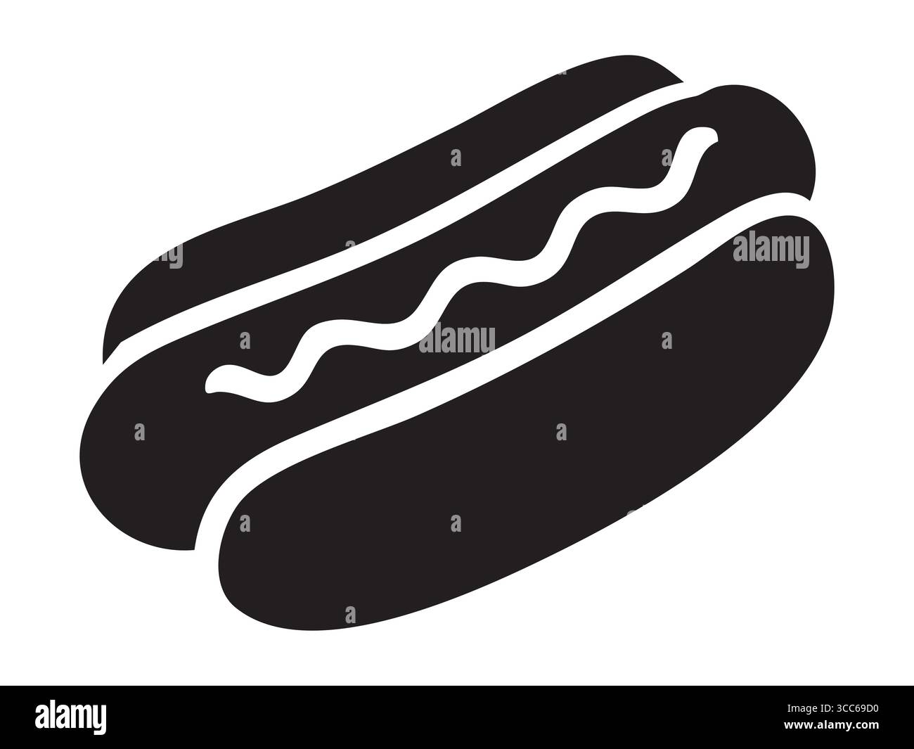 Schwarze Silhouette von Hot Dog mit Wurst und welligen Linien, isoliert auf weißem Hintergrund. Konzept von Fast Food, Snack, Sandwich, Street Food, Icon, Logo, Stock Vektor