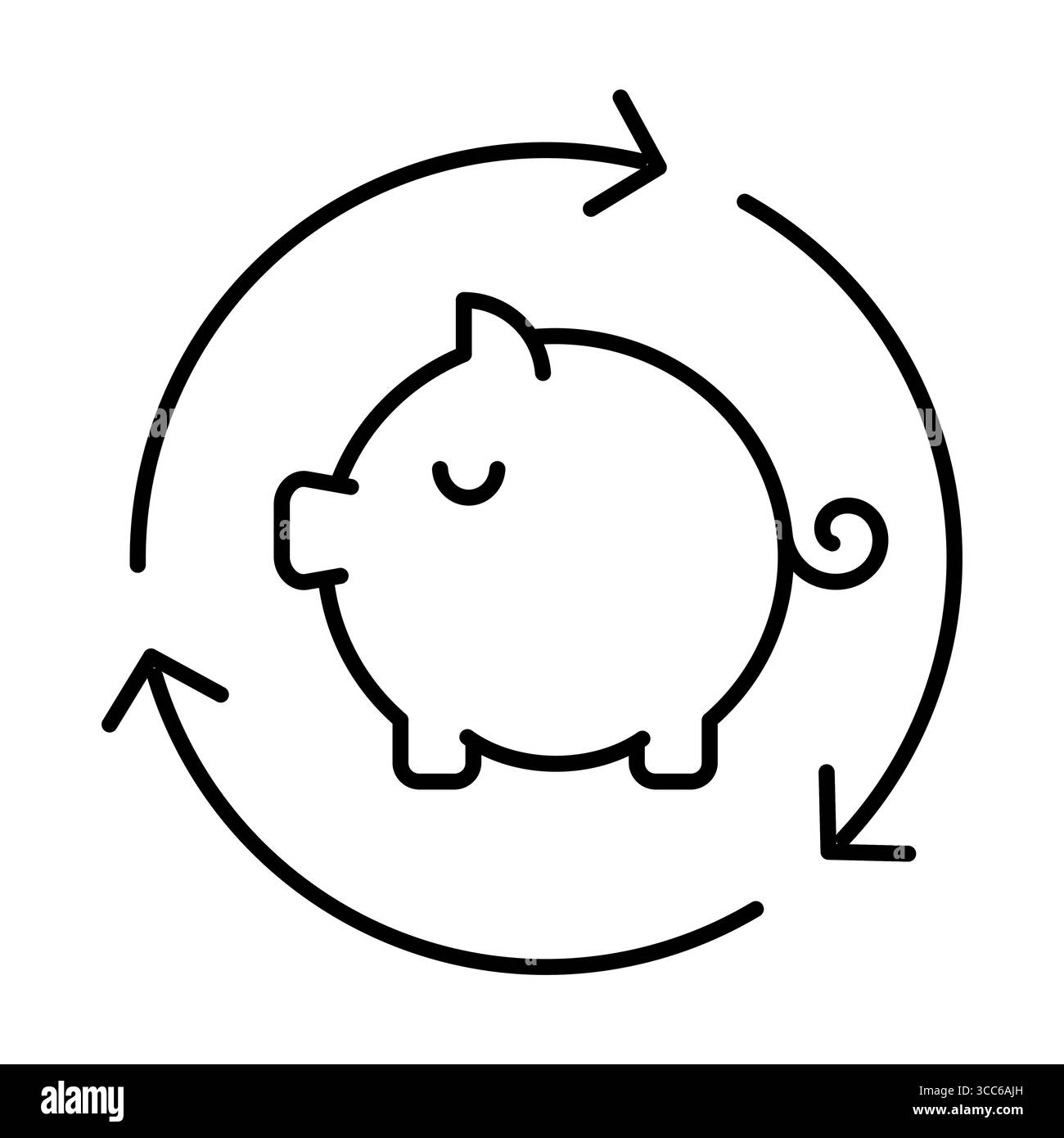 Schweinebank mit kreisförmigen Pfeilen. Reinvestition von Ersparnissen, Schwankungen an den Finanzmärkten, Zyklus des Kapitalwachstums und Risiken. Symbol der Investition Stock Vektor