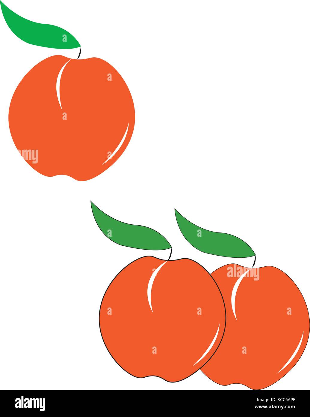 Pfirsichtrio Illustration – frisches Obst Clipart mit grünen Blättern Stock Vektor