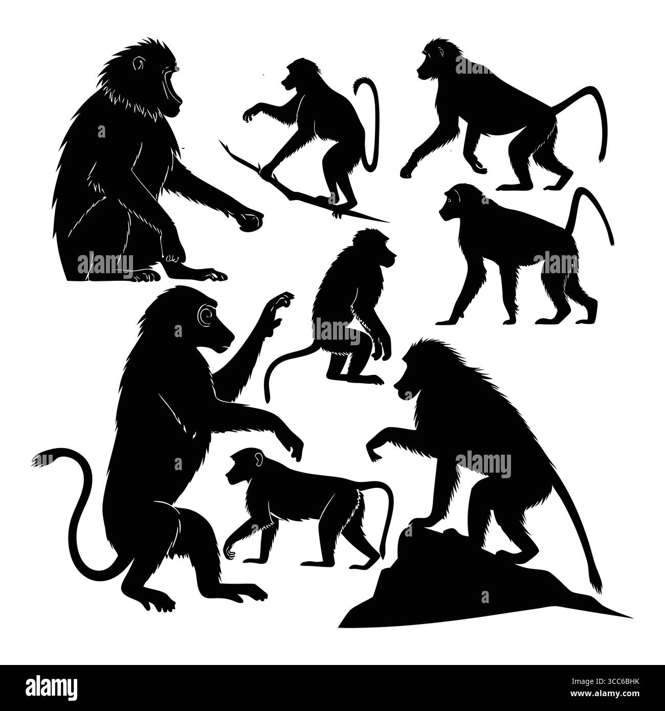 Silhouetten von Affen in verschiedenen Posen, die Wildtiere und Natur darstellen Stock Vektor