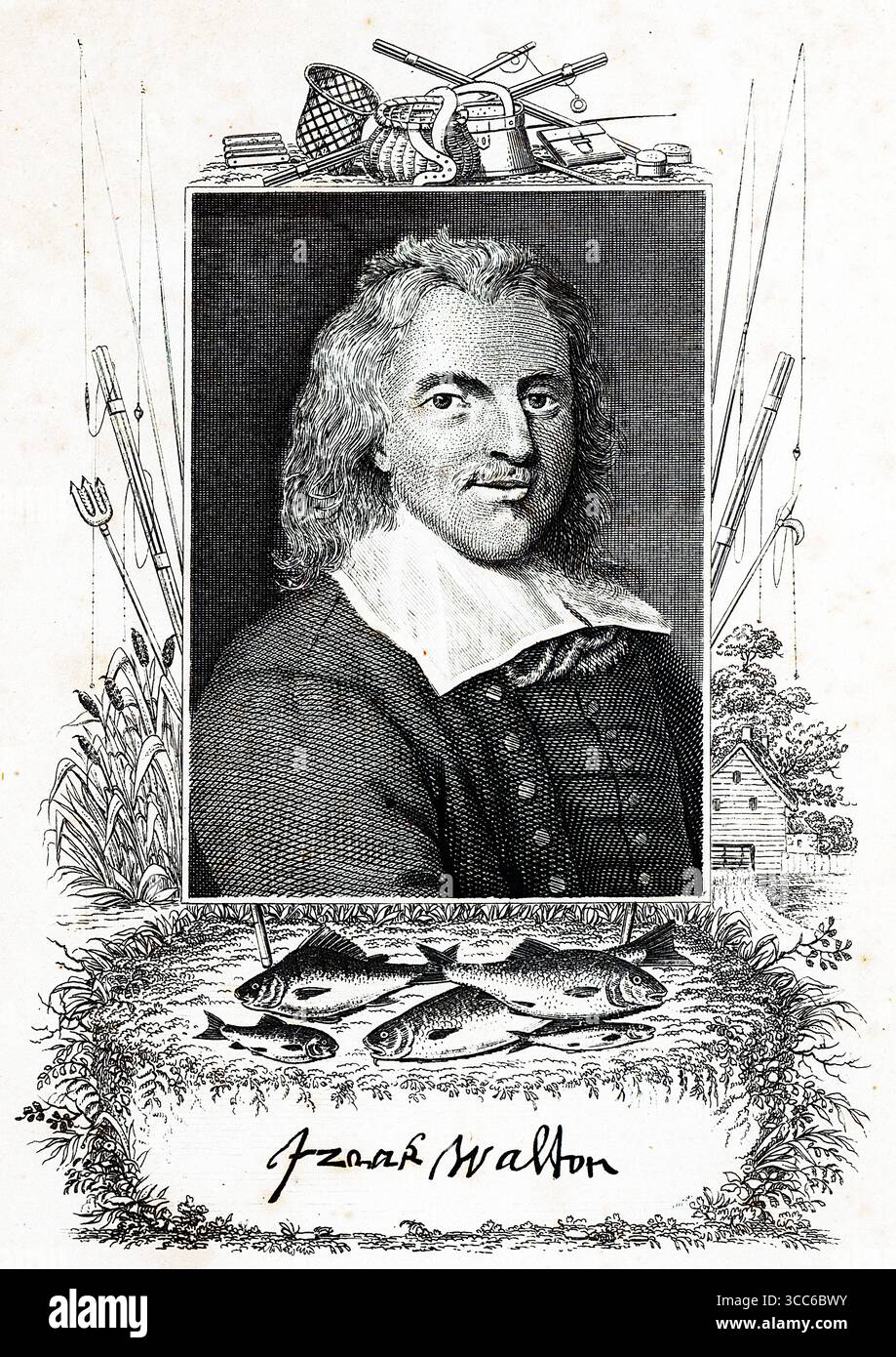 Ein detaillierter Kupferstich von Izaak Walton, Autor des Compleat Angler, basierend auf James Haysmans Gemälde. Walton steht inmitten einer Hirtenlandschaft, an seiner Seite Angelausrüstung – Korb, Rute und Fisch – und erinnert an sein Vermächtnis als literarischer Schirmherr des Angelns. Bäume und ein Häuschen umrahmen den Hintergrund und verbinden Porträts mit bukolischer Ehrfurcht. Aus einer Auswahl gedruckter Kupfer- und Holzstiche, die 1851 von Henry Kent Causton als Teil von Izaak Walton und Charles Cotton's Buch The Compleat Angler veröffentlicht wurden. Stockfoto