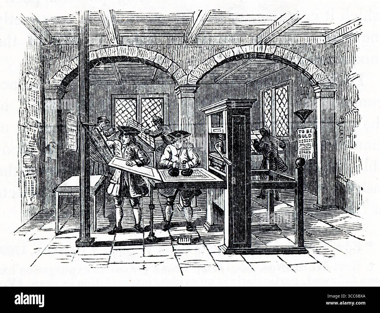 Eine geschäftige Druckerei aus vergangener Zeit: Steinböden, Holzbalken und Bogenfenster umrahmen die Szene. Die Mitarbeiter bedienen eine Handpresse, sortieren Seiten und beraten über einem Tisch. An der Wand hängt ein Schild mit der Aufschrift „TO BE SELL“, das auf die kommerzielle Verbreitung gedruckter Kenntnisse hinweist. Die Stimmung ist fleißig und historisch. Aus einer Auswahl gedruckter Kupfer- und Holzstiche, die 1851 von Henry Kent Causton als Teil von Izaak Walton und Charles Cotton's Buch The Compleat Angler veröffentlicht wurden. Stockfoto