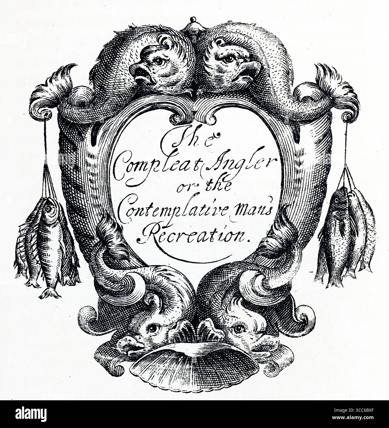 Eine aufwendige emblematische Illustration des Compleat Angler, eingerahmt von fantastischen fischreichen Kreaturen. Zwei an der Spitze halten Fischschnüren, Münder in gespiegelter Symmetrie. Unten trägt eine herzförmige Kartusche den Titel des Buches. An der Basis flankieren nach außen gerichtete Fische eine zentrale Schale. Das Design verbindet Wimmelei, Symbolik und aquatische Ehrfurcht. Aus einer Auswahl gedruckter Kupfer- und Holzstiche, die 1851 von Henry Kent Causton als Teil von Izaak Walton und Charles Cotton's Buch The Compleat Angler veröffentlicht wurden. Stockfoto