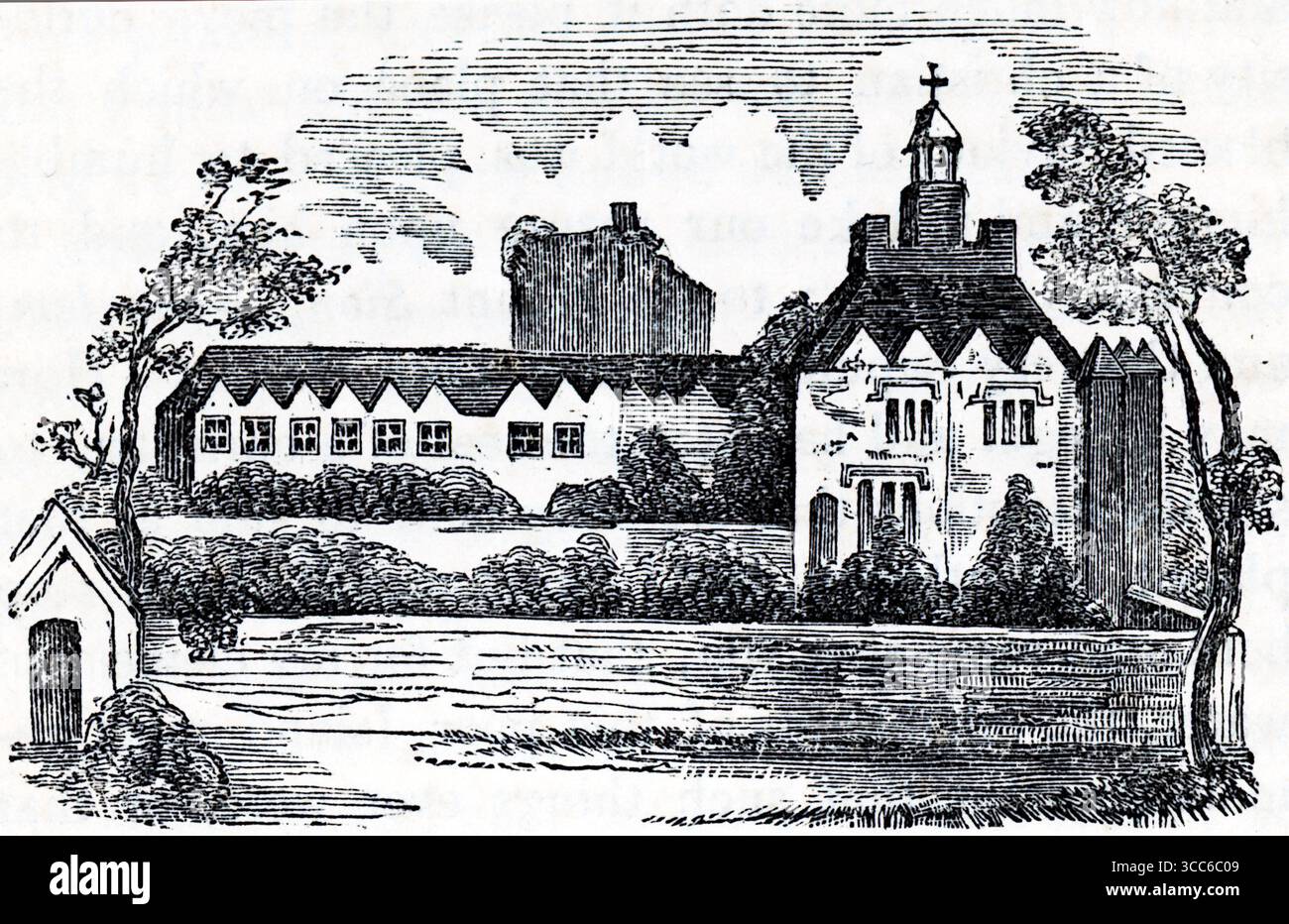 Diese Schwarzweiß-Illustration zeigt das königliche Herrenhaus von Theobalds, ein großes elisabethanisches Anwesen, das einst von Königin Elisabeth I. und König James I. bevorzugt wurde. Das zentrale Gebäude verfügt über eine kapellähnliche Struktur mit einem überkreuzten Turm, flankiert von langen Flügeln und umgeben von Bäumen und formellen Pfaden. Die Komposition ruft herrliche Symmetrie und historische Gravita hervor. Aus einer Auswahl gedruckter Kupfer- und Holzstiche, die 1851 von Henry Kent Causton als Teil von Izaak Walton und Charles Cotton's Buch The Compleat Angler veröffentlicht wurden. Stockfoto