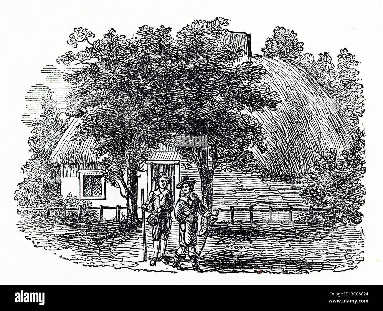 Ein rustikales Reetdachhaus schmiegt sich in dieser schwarz-weißen Illustration zwischen grünen Bäumen. Zwei Männer in historischer Kleidung stehen davor – einer mit einem Stab, der andere möglicherweise mit einer Violine – und deuten auf einen Moment der Freizeit oder des Erzählens von Geschichten hin. Die Szene ist reich strukturiert, mit detailliertem Laub, Holzwerk und einem ruhigen Zaun im Hintergrund. Aus einer Auswahl gedruckter Kupfer- und Holzstiche, die 1851 von Henry Kent Causton als Teil von Izaak Walton und Charles Cotton's Buch The Compleat Angler veröffentlicht wurden. Stockfoto