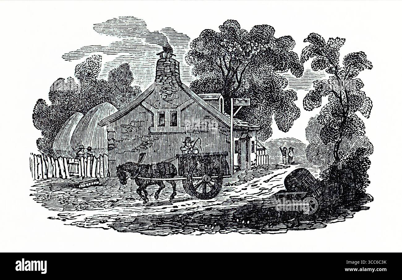 Eine pastorale Schwarz-weiß-Illustration mit einem Pferdewagen hielt vor einem aus Stein gebauten Häuschen mit einem Kamin an. Eine Figur sitzt auf dem Wagen, eine andere steht in der Nähe der Tür. Bäume und ein Holzzaun umrahmen die Szene, während ein Fass auf einem kleinen Handwagen im Vordergrund liegt. Die Stimmung ist rustikal, ruhig und historisch geerdet. Aus einer Auswahl gedruckter Kupfer- und Holzstiche, die 1851 von Henry Kent Causton als Teil von Izaak Walton und Charles Cotton's Buch The Compleat Angler veröffentlicht wurden. Stockfoto