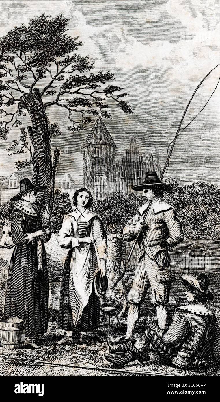 Eine historische Illustration von vier Figuren in frühmoderner Kleidung, die sich unter einem Baum versammelt haben. Eine steht mit einer Angelrute, eine andere hält einen Korb, während eine dritte Geste mit einem Hut steht. Der vierte sitzt entspannt auf dem Boden. Im Hintergrund erhebt sich ein Türmchen über das Laub hinaus. Die Szene regt an Freizeit, Kameradschaft und pastorale Reflexion. Aus einer Auswahl gedruckter Kupfer- und Holzstiche, die 1851 von Henry Kent Causton als Teil von Izaak Walton und Charles Cotton's Buch The Compleat Angler veröffentlicht wurden. Stockfoto