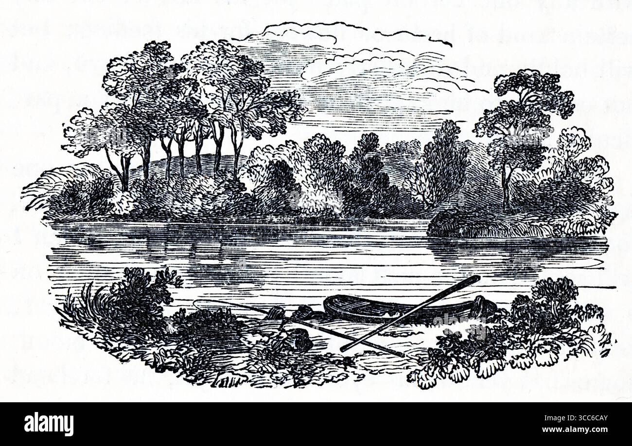Eine ruhige Flussszene in Schwarz-weiß. Ein kleines Ruderboot mit Rudern ruht am Ufer, sein Bug ist zum ruhigen Wasser hin geneigt. Bäume und Büsche umrahmen den Hintergrund, ihre Reflexionen spiegeln sich leicht in der Oberfläche. Wolkenschwaden ziehen über sich und vervollständigen die leise, natürliche Komposition. Die Stimmung ist friedlich und besinnlich. Aus einer Auswahl gedruckter Kupfer- und Holzstiche, die 1851 von Henry Kent Causton als Teil von Izaak Walton und Charles Cotton's Buch The Compleat Angler veröffentlicht wurden. Stockfoto