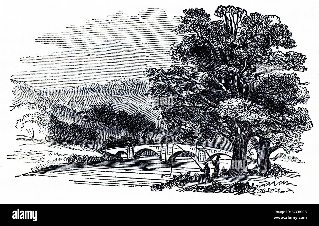 Eine ruhige Schwarz-weiß-Illustration einer ländlichen Flussüberquerung. Eine Steinbrücke überquert ruhiges Wasser, wo zwei Figuren in der Nähe des Ufers stehen – wahrscheinlich fischen oder sich unterhalten. Auf der rechten Seite dominieren hoch aufragende Bäume, deren Laub mit reichhaltiger Textur dargestellt ist. In der Ferne erheben sich sanfte Hügel unter einem wolkenbedeckten Himmel. Die Komposition ruft seelsorgliche Gelassenheit, ruhige Gesellschaft und den zeitlosen Rhythmus der Natur hervor. Aus einer Auswahl gedruckter Kupfer- und Holzstiche, die 1851 von Henry Kent Causton als Teil von Izaak Walton und Charles Cotton's Buch The Compleat Angler veröffentlicht wurden. Stockfoto