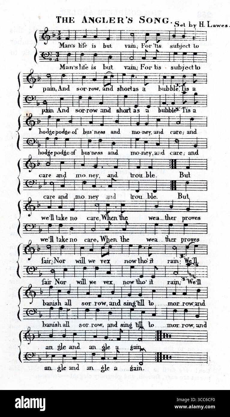 Ein Schwarzweiß-Gravur von Notenblättern mit dem Titel The Angler’s Song, vertont vom Komponisten Henry Lawes. Die Seite enthält Notenschrift und Texte in einer klaren Serifenschrift. Das Lied spiegelt die pastorale Philosophie von Izaak Waltons The Compleat Angler wider und verbindet sanfte Satire mit rustikaler Freude aus einer Auswahl gedruckter Kupfer- und Holzstiche, die 1851 von Henry Kent Causton als Teil des Buches The Compleat Angler von Izaak Walton und Charles Cotton veröffentlicht wurden. Stockfoto