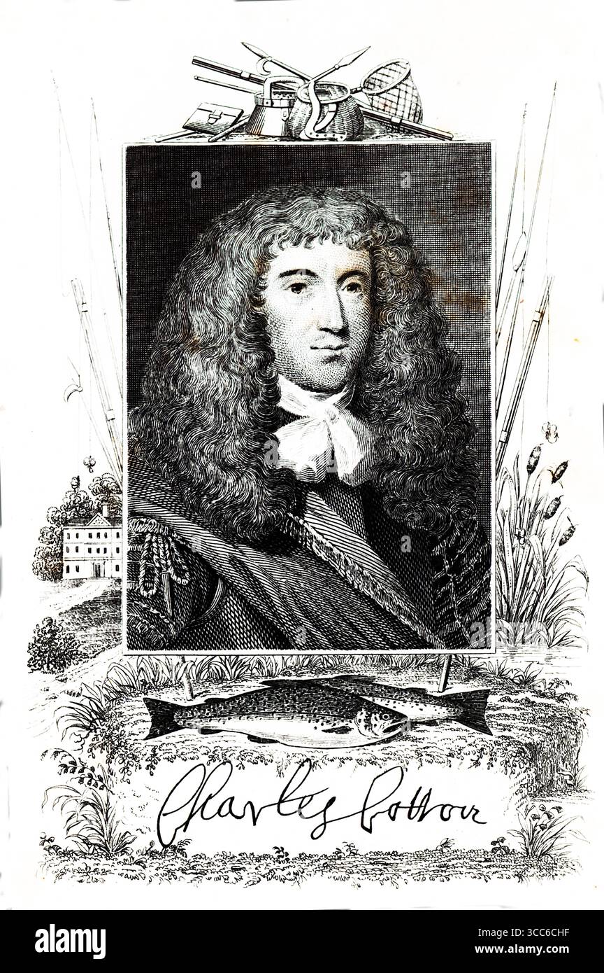 Graviertes Porträt von Charles Cotton, eingerahmt von Anglermotiven – einer Stange, einem Creel und einem Netz – oben und einer Unterschrift unten. Flankierende Elemente sind ein Giebelhaus und stilisiertes Laub. Die Komposition würdigt Cotton’ Vermächtnis als Mitautor des Compleat Angler und ruft den Abschied von pastoraler Freizeit und dem kontemplativen Geist des Flusslebens hervor. Aus einer Auswahl gedruckter Kupfer- und Holzstiche, die 1851 von Henry Kent Causton als Teil von Izaak Walton und Charles Cotton's Buch The Compleat Angler veröffentlicht wurden. Stockfoto