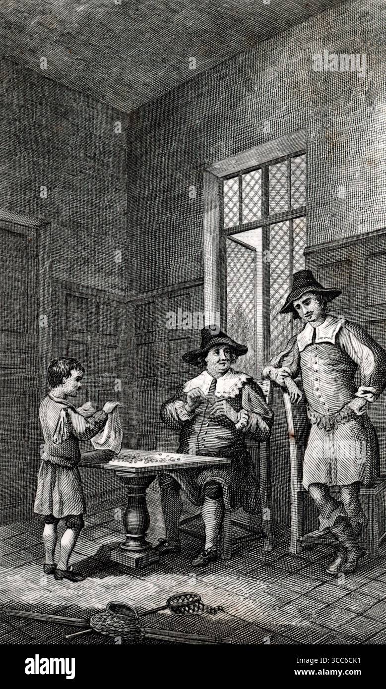 Innengravur eines rustikalen Raumes mit drei Figuren, die Fliegenbinden. Ein sitzender Angler, der im Stil des 17. Jahrhunderts gehasst und mit Kragen ausgestattet ist, bastelt an einem überfüllten Tisch künstliche Fliegen. Ein Kind und ein Begleiter beobachten, umgeben von Federn, Haken und Faden. Die Szene erinnert an die Handwerkskunst des Waldes und an das kontemplative Ritual der Angelvorbereitung. Aus einer Auswahl gedruckter Kupfer- und Holzstiche, die 1851 von Henry Kent Causton als Teil von Izaak Walton und Charles Cotton's Buch The Compleat Angler veröffentlicht wurden. Stockfoto