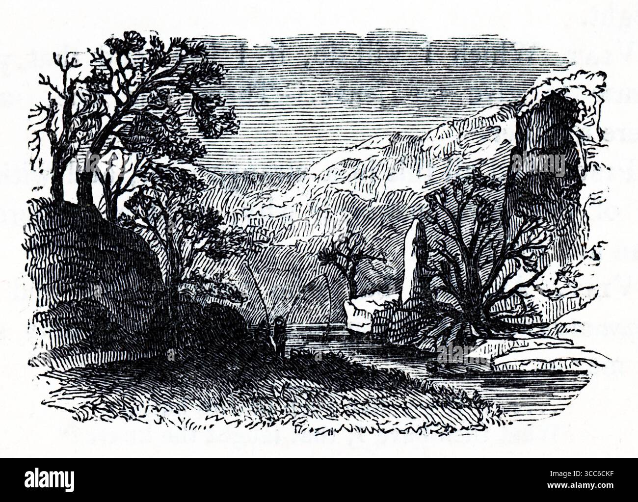 Gravierte Winterszene von Pike Pool in Beresford Dale, Derbyshire. Der Fluss Taube fließt unter blattlosen Bäumen und Kalksteinklippen, wobei ein monolithischer Felsen – Cotton’s „Hecht“ – aus dem Wasser steigt. Die Komposition ruft Einsamkeit und Ehrfurcht hervor und spiegelt die anglühende Heiligkeit von Walton and Cotton’s Compleat Angler und dem nahe gelegenen Fischtempel wider. Aus einer Auswahl gedruckter Kupfer- und Holzstiche, die 1851 von Henry Kent Causton als Teil von Izaak Walton und Charles Cotton's Buch The Compleat Angler veröffentlicht wurden. Stockfoto