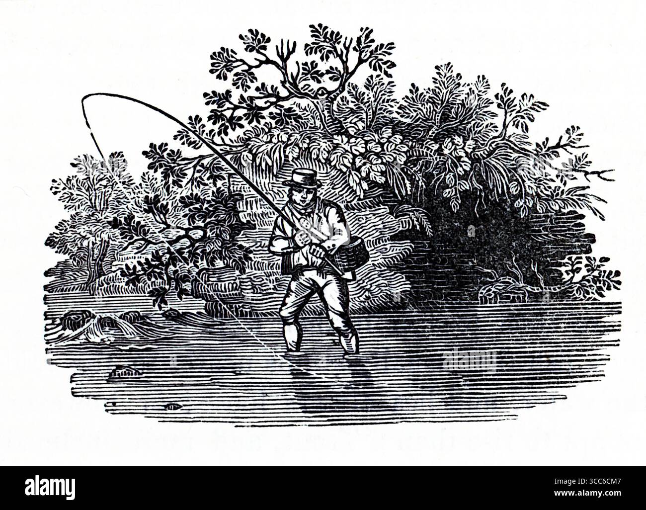 Gravierte Waldszene mit einem einsamen Angler, der in einen schattigen Bach wirft. Dichtes Laub umrahmt die Figur – Hutspitze, Stange ausgestreckt – zwischen überhängenden Ästen und plätscherndem Wasser. Die abgeschiedene Lage erinnert an den Pike Pool in Beresford Dale, der heilig für Walton und Cotton ist, wo kontemplatives Angeln auf das ruhige Drama der Kalksteinflüsse trifft. Aus einer Auswahl gedruckter Kupfer- und Holzstiche, die 1851 von Henry Kent Causton als Teil von Izaak Walton und Charles Cotton's Buch The Compleat Angler veröffentlicht wurden. Stockfoto